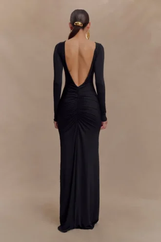 Louisa Long Sleeve Slinky Maxi Dress – Black