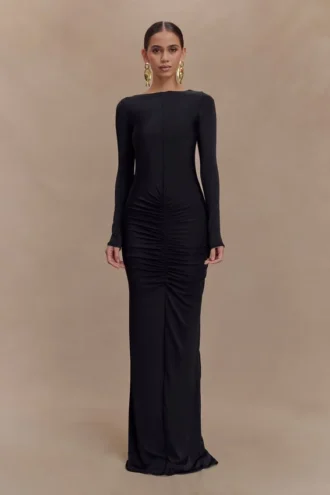 Louisa Long Sleeve Slinky Maxi Dress – Black
