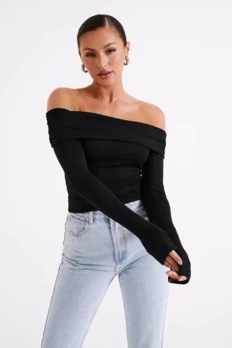 Lucinda Recycled Nylon Off Shoulder Top – Black