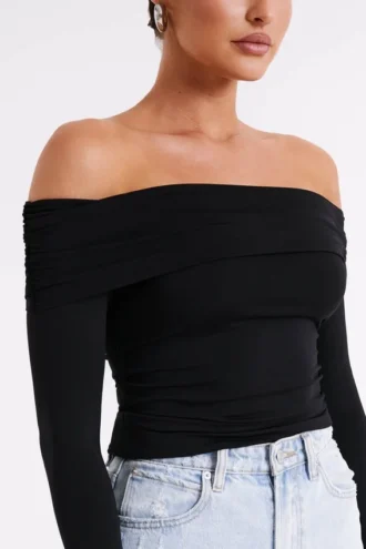 Lucinda Recycled Nylon Off Shoulder Top – Black