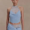 Lucy Lace And Knit Halter Top – Cornflower Blue