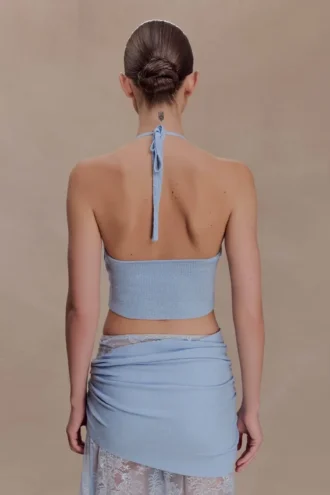 Lucy Lace And Knit Halter Top – Cornflower Blue
