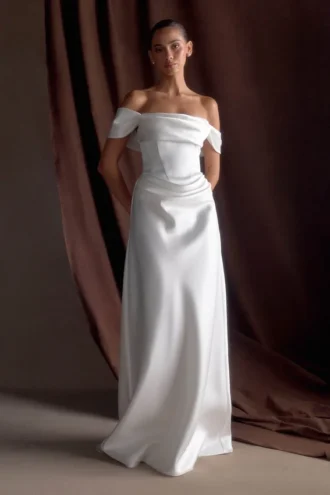 Luna Satin Off Shoulder Gown – White