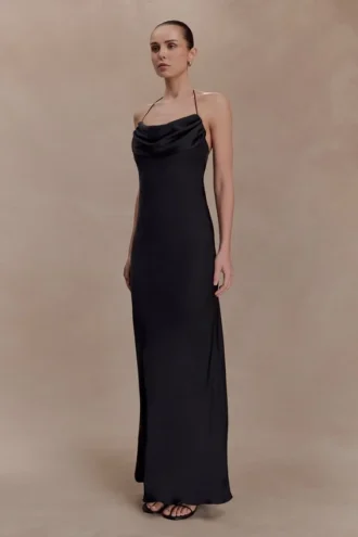 Lydia Cowl Neck Satin Maxi Dress – Black