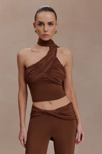 Lydia Slinky Asymmetrical Halter Top – Chocolate
