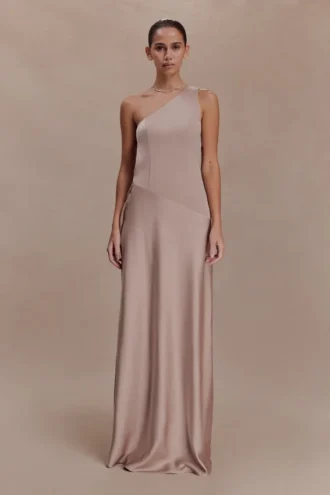 Lyla Asymmetrical Satin Maxi Dress – Bronze Taupe