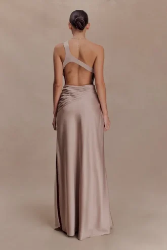 Lyla Asymmetrical Satin Maxi Dress – Bronze Taupe