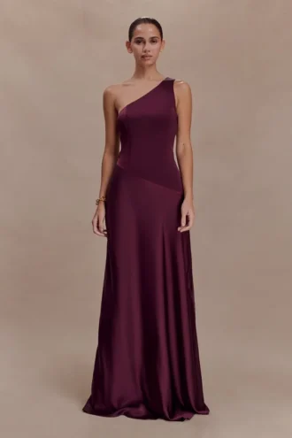 Lyla Asymmetrical Satin Maxi Dress – Plum