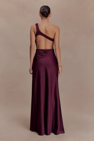 Lyla Asymmetrical Satin Maxi Dress – Plum