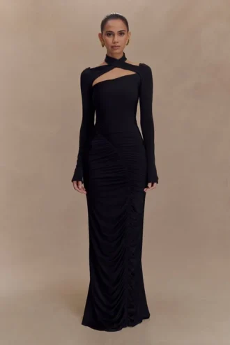 Lyndon Long Sleeve Slinky Maxi Dress – Black