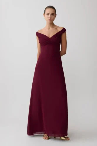 Mabel Off Shoulder Chiffon Maxi Dress – Merlot