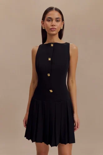 Mackenzie Sleeveless Pleated Mini Dress – Black