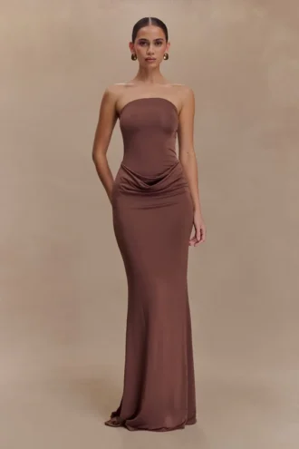Madison Strapless Slinky Maxi Dress – Chocolate Madison Strapless Slinky Maxi Dress – Chocolate
