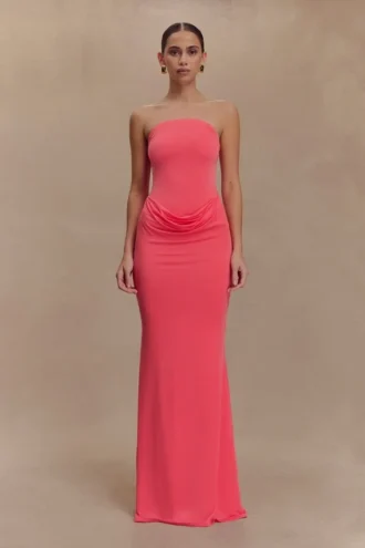 Madison Strapless Slinky Maxi Dress – Coral