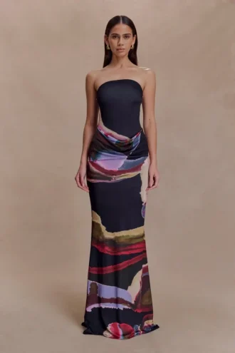 Madison Strapless Slinky Maxi Dress – Multi Fluid Reverie Print