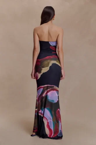 Madison Strapless Slinky Maxi Dress – Multi Fluid Reverie Print