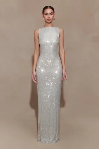 Magnolia Sleeveless Diamante Maxi Dress – Silver