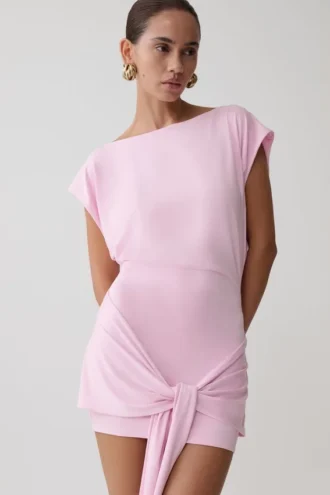 Maiara Shortsleeve Slinky Tie Mini Dress – Pink