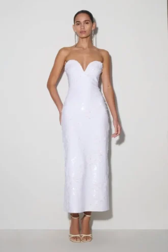 Maisie Strapless Sequin Midi Dress – White Maisie Strapless Sequin Midi Dress – White