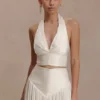 Makena Gathered V Neck Top – Opal White