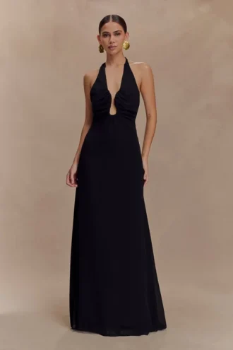 Malakhai Chiffon Halter Maxi Dress – Black