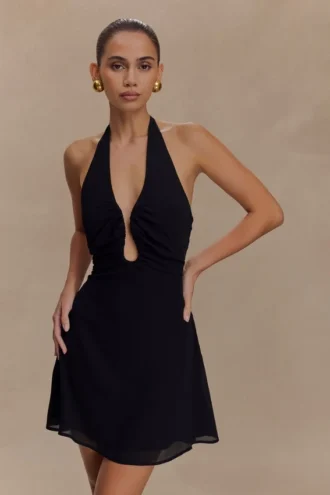 Malakhai Chiffon Halter Mini Dress – Black