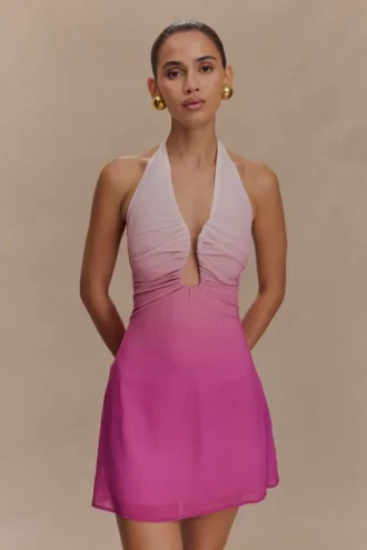 Malakhai Chiffon Halter Mini Dress – Ombre Pink