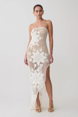 Mandie Hand Crochet Asymmetrical Maxi Dress – White