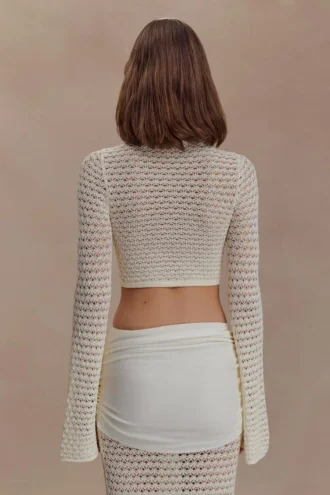 Mania Crochet Long Sleeve Cropped Top – Ivory