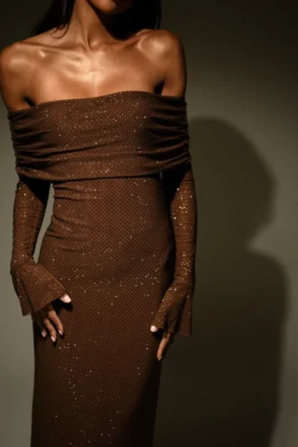 Marcel Off Shoulder Diamante Maxi Dress – Chocolate
