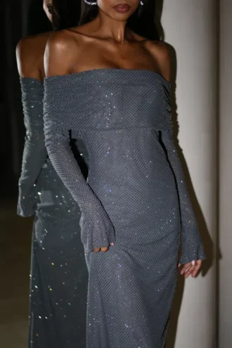 Marcel Off Shoulder Diamante Maxi Dress – Gunmetal