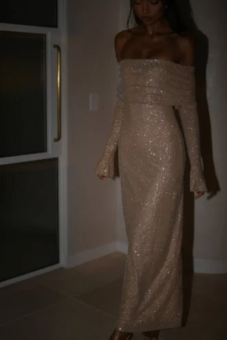 Marcel Off Shoulder Diamante Maxi Dress – Nude