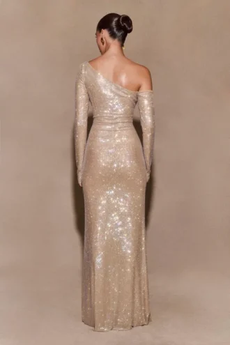 Marcia Diamante Long Sleeve Maxi Dress – Nude