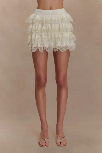 Margaret Lace Ruffle Mini Skort – Cream