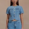 Marge Fitted Denim Short Sleeve Top – Classic Blue