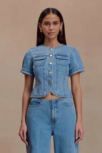 Marge Fitted Denim Short Sleeve Top – Classic Blue