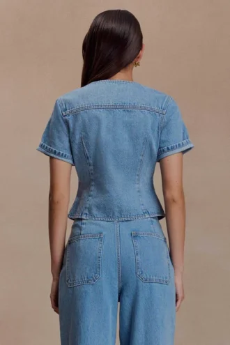 Marge Fitted Denim Short Sleeve Top – Classic Blue