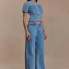 Marge Fitted Denim Short Sleeve Top – Classic Blue