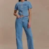 Marge Fitted Denim Short Sleeve Top – Classic Blue