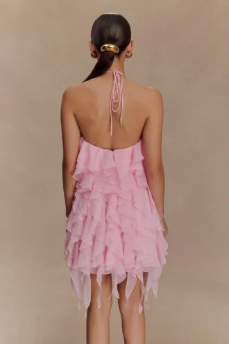 Marigold Ruffle Halter Mini Dress – Powder Pink