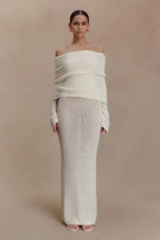Marisol Off Shoulder Boucle Maxi Dress – Ivory