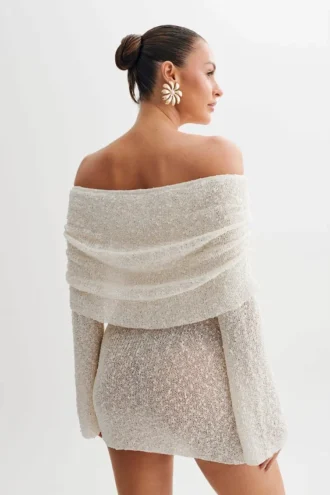 Marisol Off Shoulder Boucle Mini Dress – Ivory