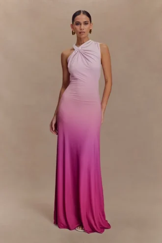 Marlee Asymmetrical Slinky Maxi Dress – Ombre Pink