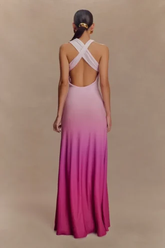Marlee Asymmetrical Slinky Maxi Dress – Ombre Pink
