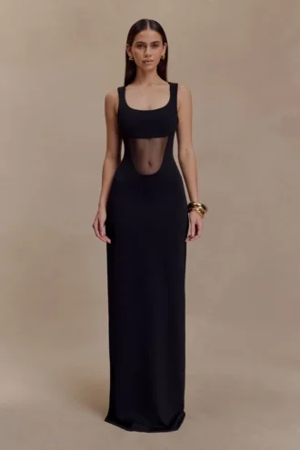 Marlon Crepe And Mesh Maxi Dress – Black