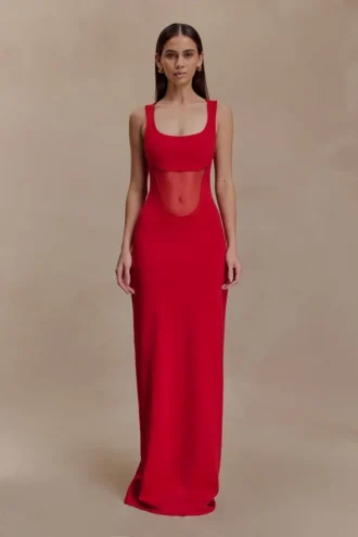 Marlon Crepe And Mesh Maxi Dress – Cherry Red