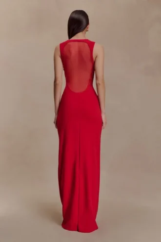 Marlon Crepe And Mesh Maxi Dress – Cherry Red