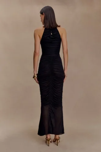 Matilda Ruched Mesh Maxi Skirt – Black