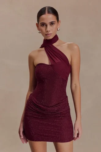 Mattea Diamante Mini Dress With Scarf – Plum