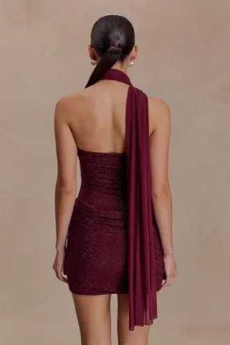 Mattea Diamante Mini Dress With Scarf – Plum